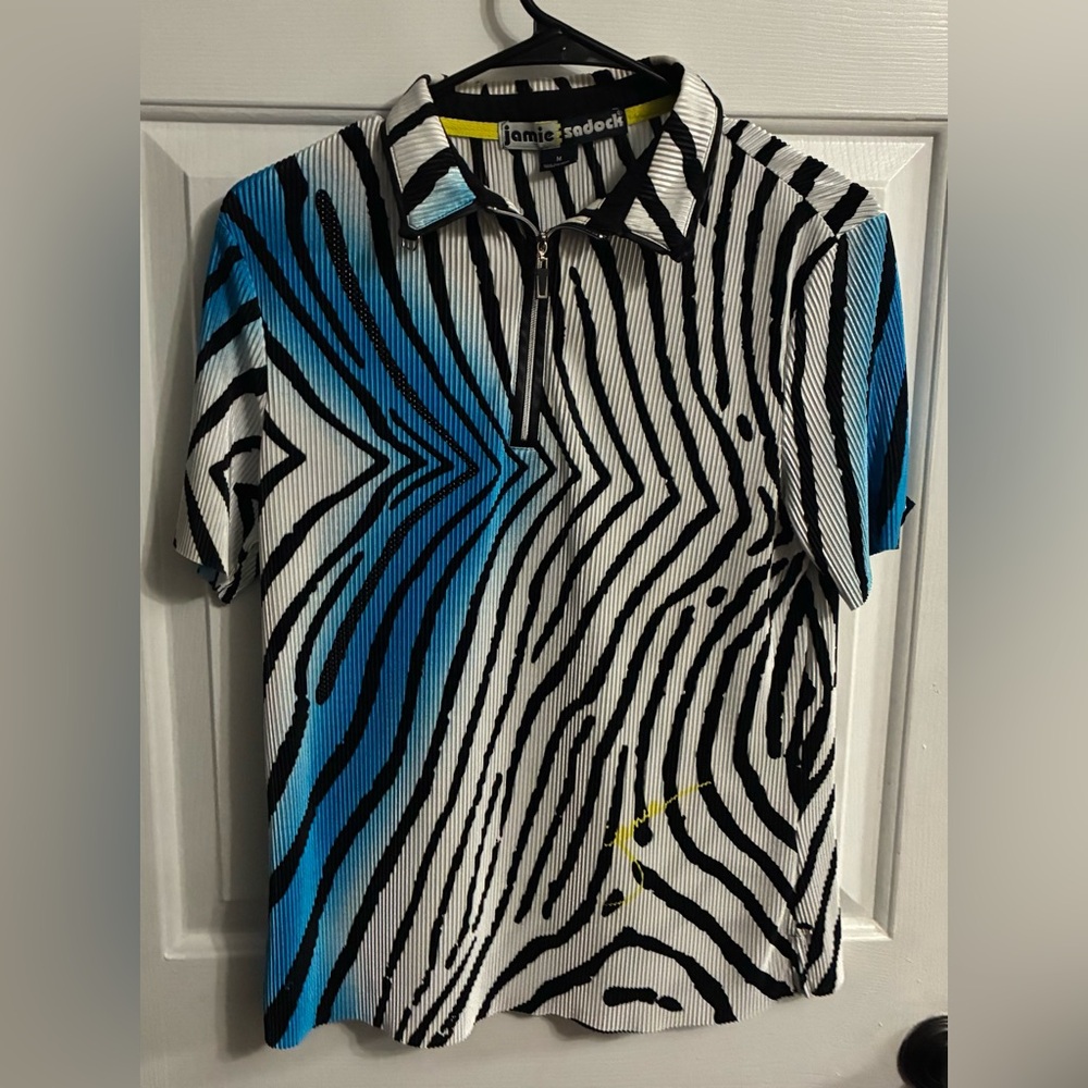 jamie sadock Black, White & Blue Zebra-Stripe Zip Golf Polo